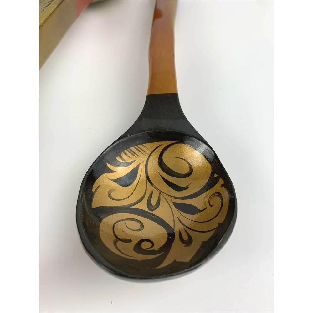 Set of 4 Vintage Khokhloma Painted Wooden Spoons Ladles Decorative Kitchenware